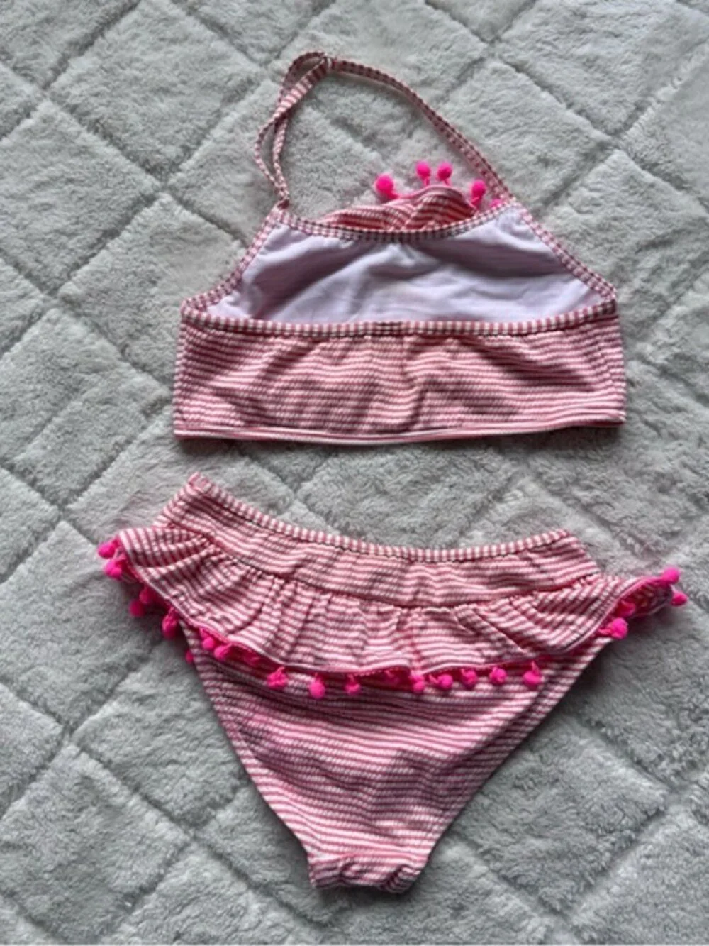 Betsey Johnson | Pink And Cream Seersucker Pompom Trimmed Bikini Set | Size 12